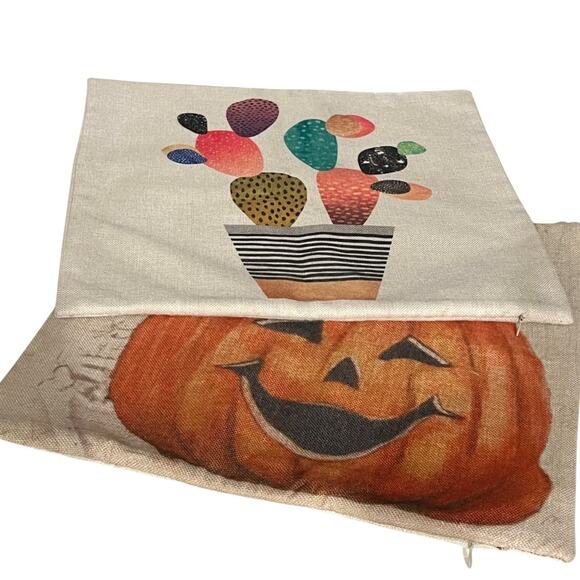 Set of 2 Throw Pillow Covers 16x16 Halloween Pumpkin & Abstract Candy Cactus - Picture 1 of 7